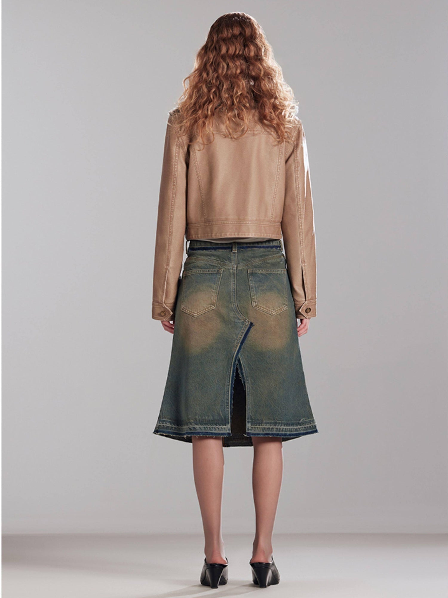 RUN TO THE FUTURE Vintage Distressed Washed Denim Low Waist A Line City Casual Midi Skirts