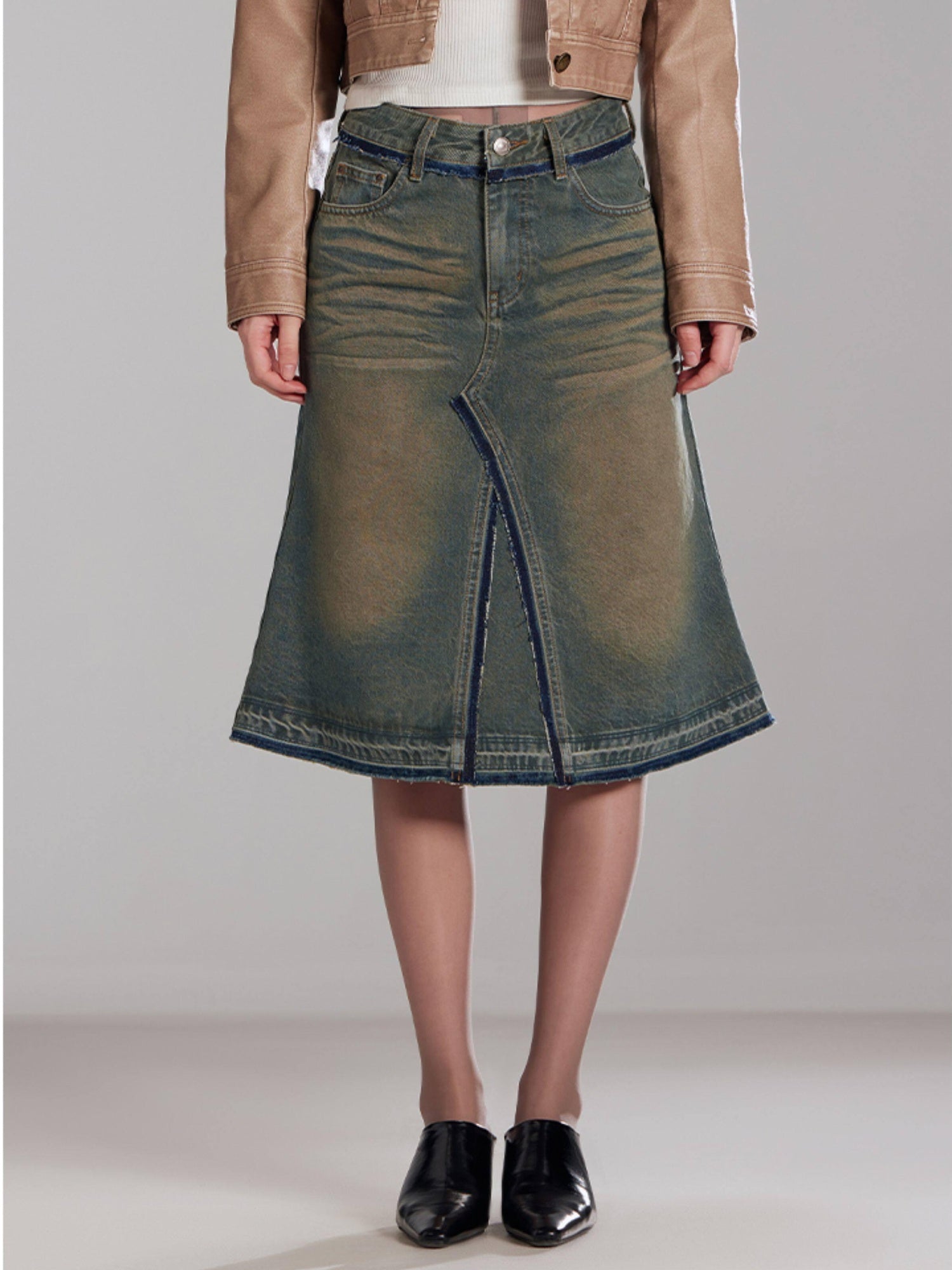 RUN TO THE FUTURE Vintage Distressed Washed Denim Low Waist A Line City Casual Midi Skirts