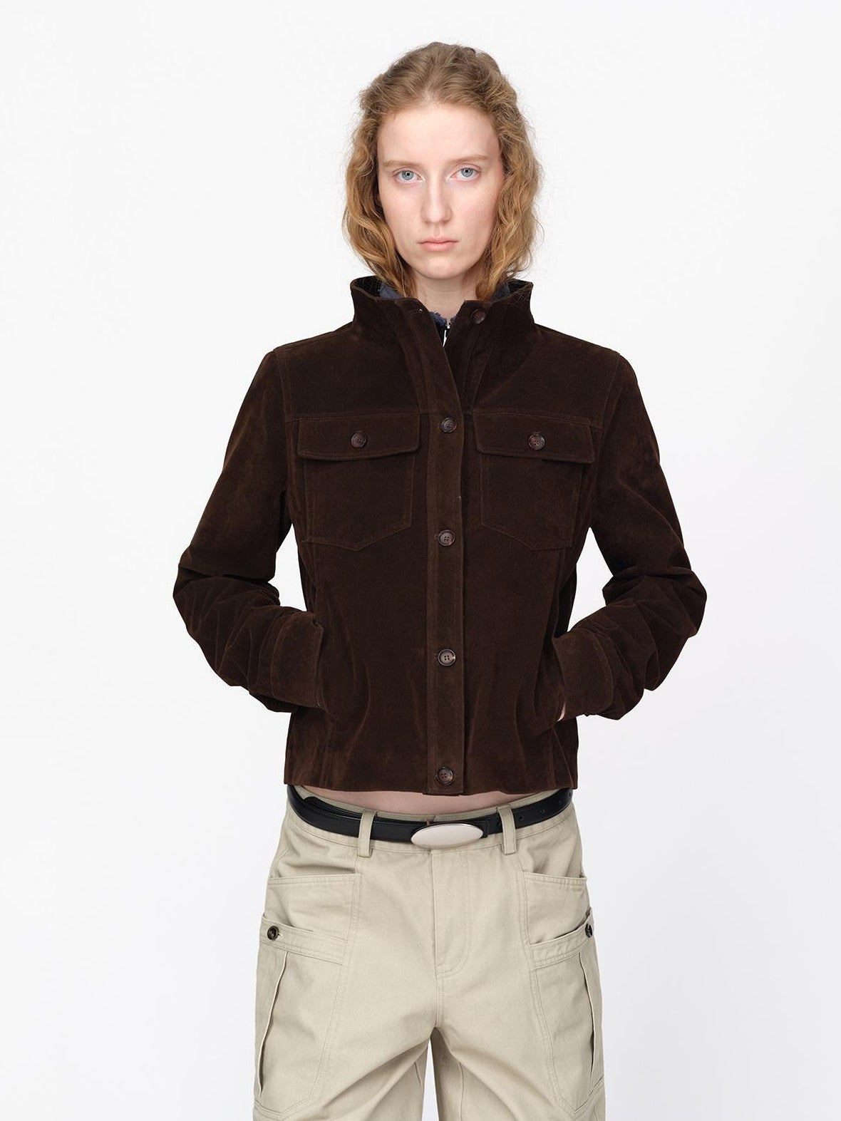 RUN TO THE FUTURE Vintage Faux Suede Stand Collar Slim Waist Women&