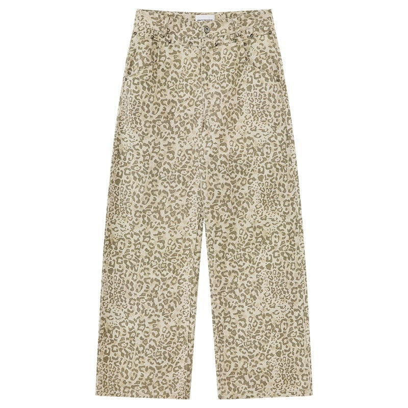 RUN TO THE FUTURE Vintage Leopard Cotton Minimal Asymmetrical Mid Rise Unisex Wide-Leg Pants
