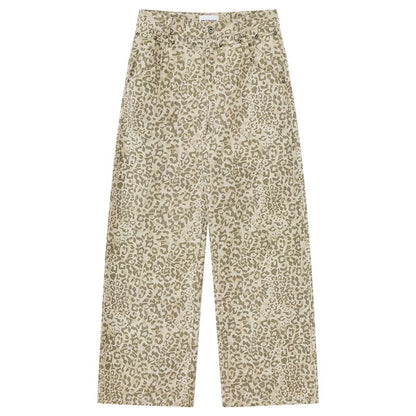 RUN TO THE FUTURE Vintage Leopard Cotton Minimal Asymmetrical Mid Rise Unisex Wide-Leg Pants