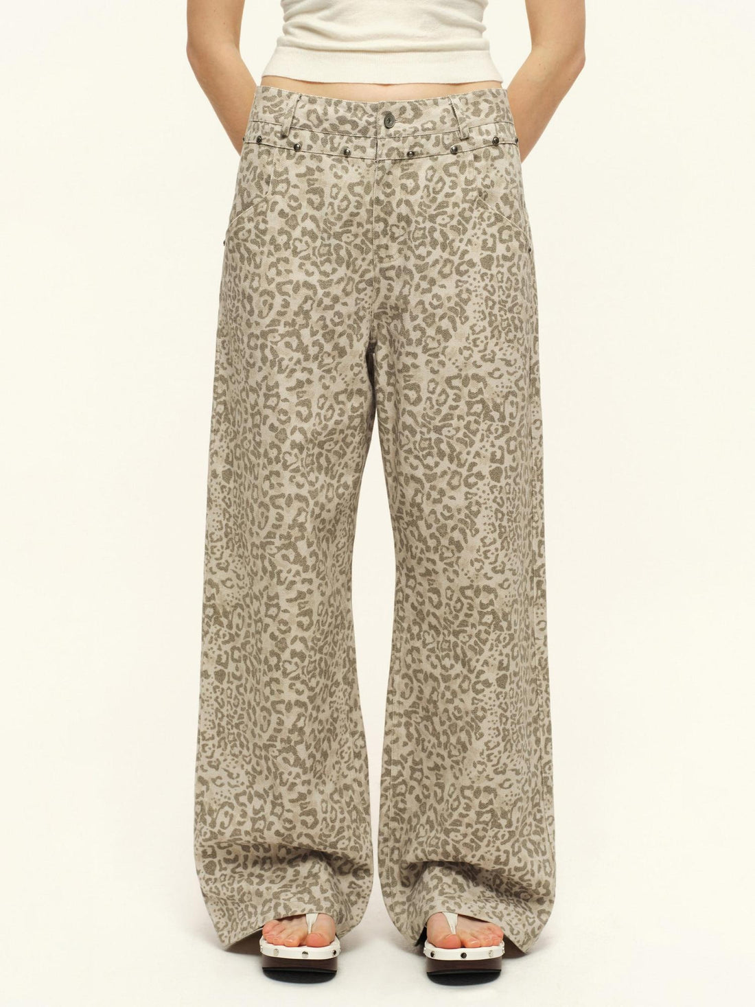 RUN TO THE FUTURE Vintage Leopard Cotton Minimal Asymmetrical Mid Rise Unisex Wide-Leg Pants