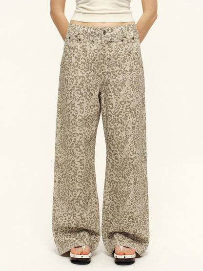 RUN TO THE FUTURE Vintage Leopard Cotton Minimal Asymmetrical Mid Rise Unisex Wide-Leg Pants