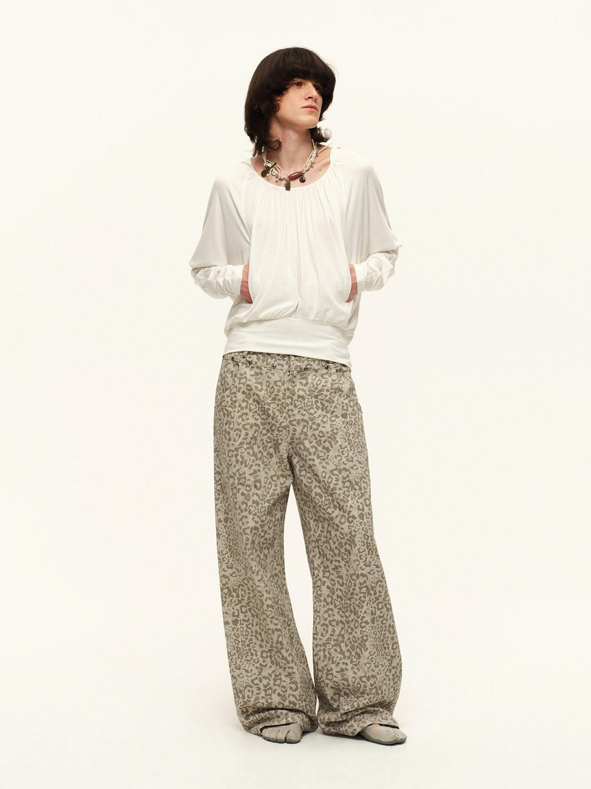RUN TO THE FUTURE Vintage Leopard Cotton Minimal Asymmetrical Mid Rise Unisex Wide-Leg Pants