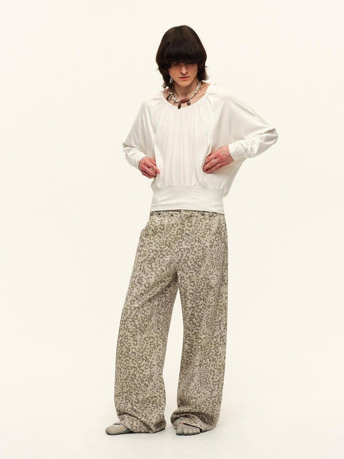 RUN TO THE FUTURE Vintage Leopard Cotton Minimal Asymmetrical Mid Rise Unisex Wide-Leg Pants