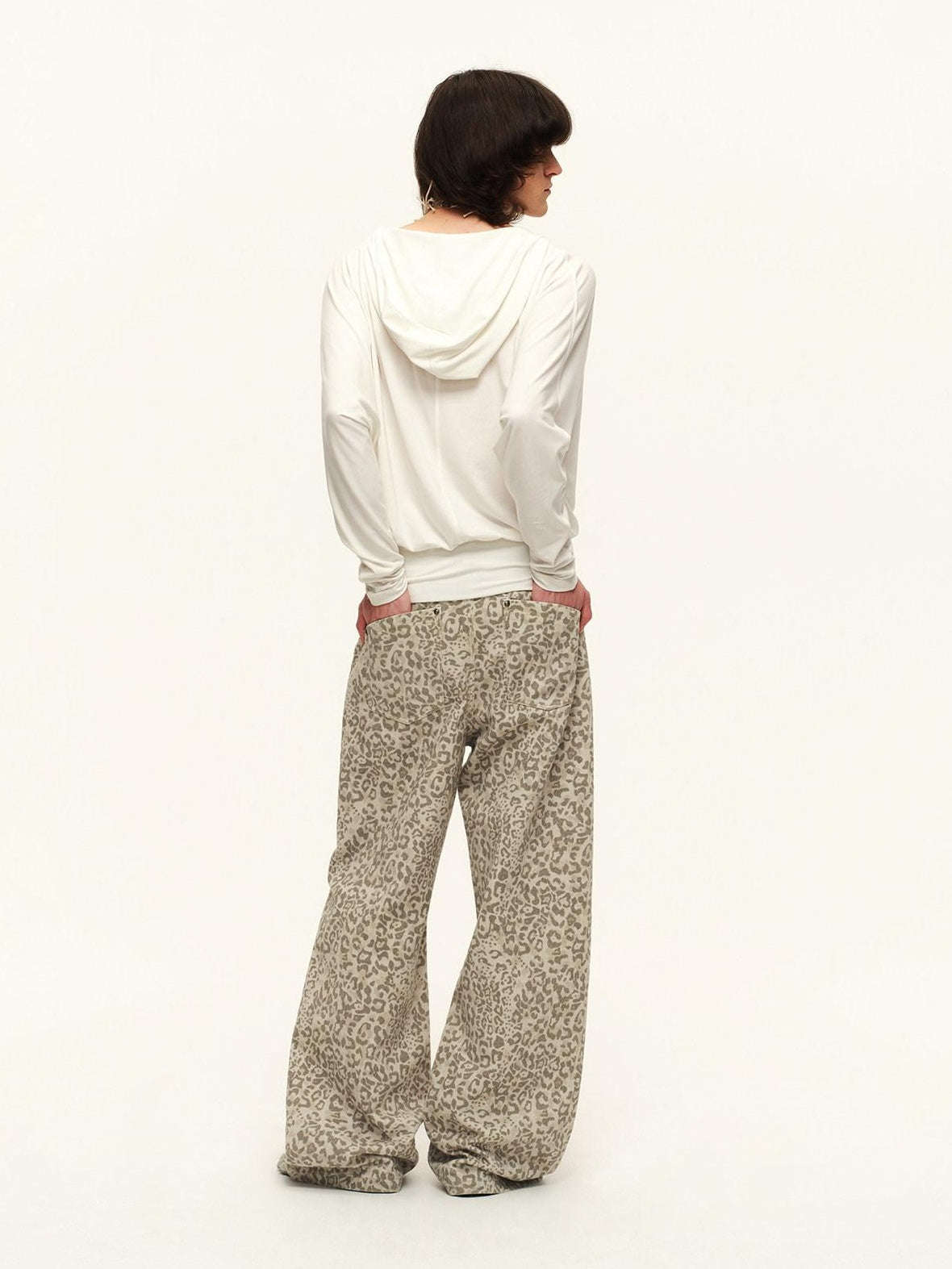 RUN TO THE FUTURE Vintage Leopard Cotton Minimal Asymmetrical Mid Rise Unisex Wide-Leg Pants