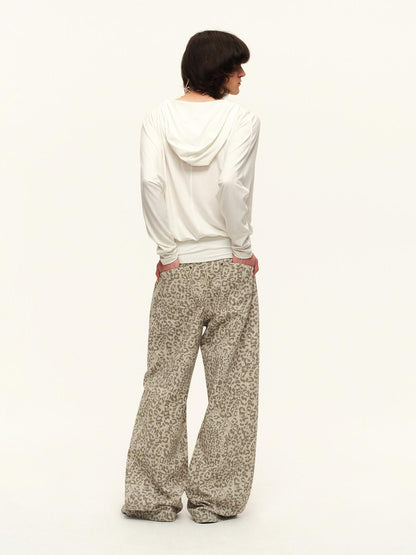 RUN TO THE FUTURE Vintage Leopard Cotton Minimal Asymmetrical Mid Rise Unisex Wide-Leg Pants