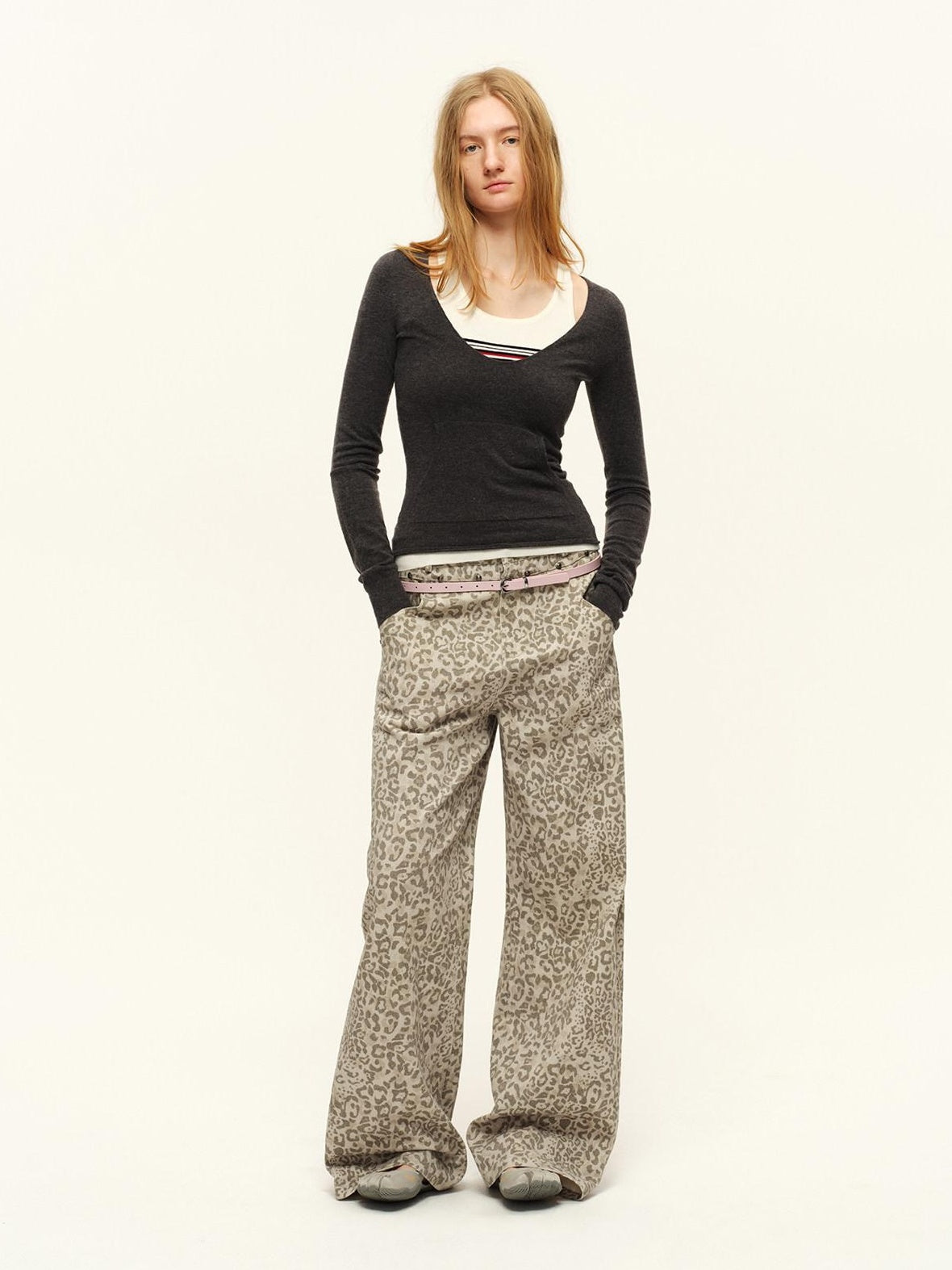 RUN TO THE FUTURE Vintage Leopard Cotton Minimal Asymmetrical Mid Rise Unisex Wide-Leg Pants