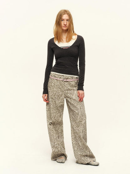 RUN TO THE FUTURE Vintage Leopard Cotton Minimal Asymmetrical Mid Rise Unisex Wide-Leg Pants