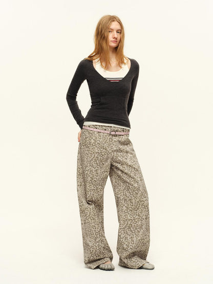 RUN TO THE FUTURE Vintage Leopard Cotton Minimal Asymmetrical Mid Rise Unisex Wide-Leg Pants