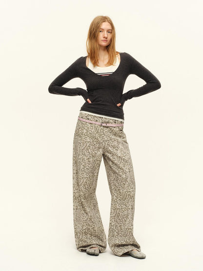 RUN TO THE FUTURE Vintage Leopard Cotton Minimal Asymmetrical Mid Rise Unisex Wide-Leg Pants