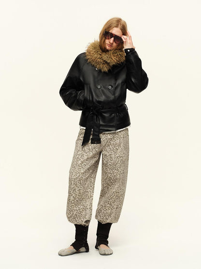 RUN TO THE FUTURE Vintage Leopard Cotton Minimal Asymmetrical Mid Rise Unisex Wide-Leg Pants
