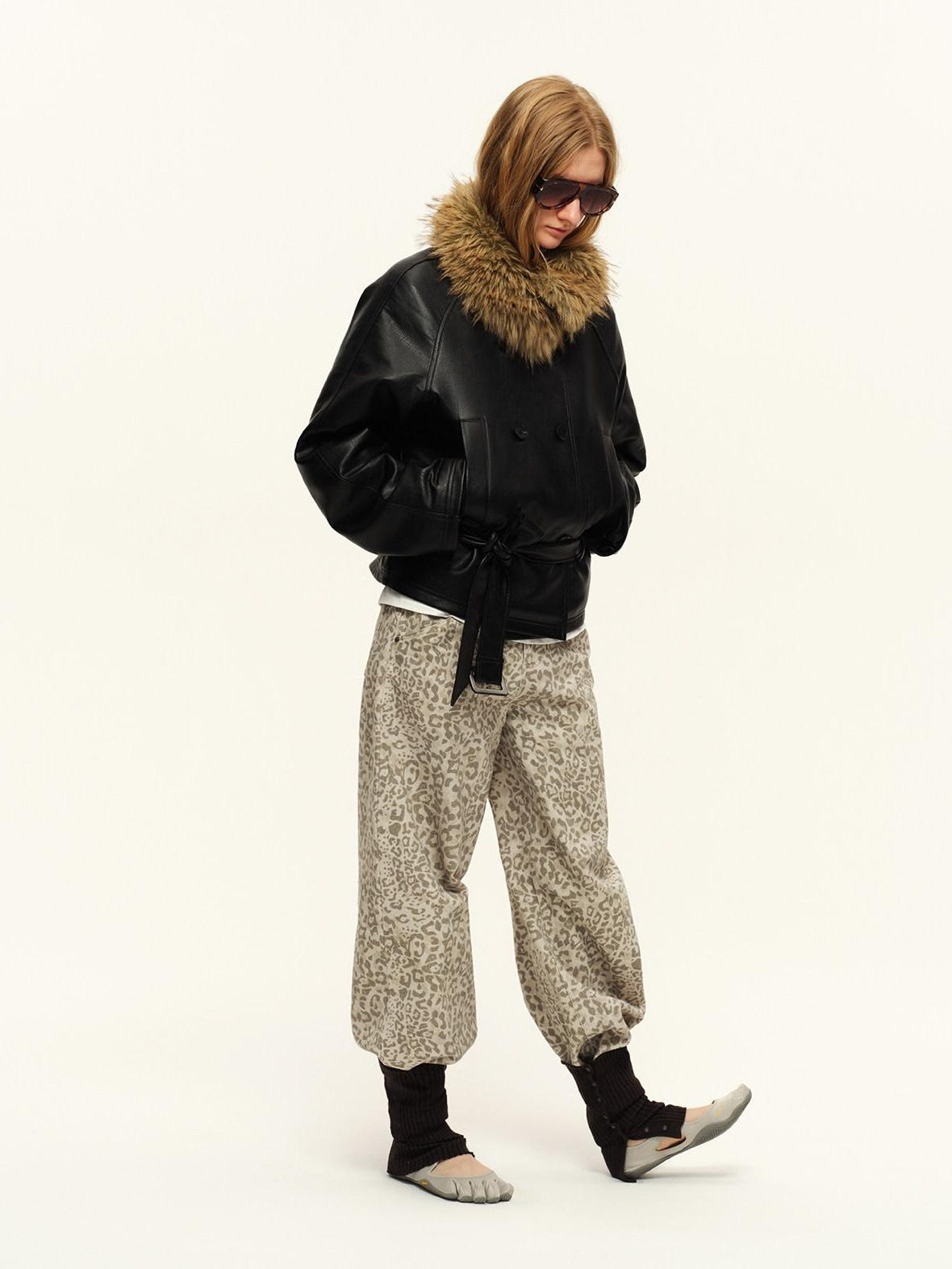 RUN TO THE FUTURE Vintage Leopard Cotton Minimal Asymmetrical Mid Rise Unisex Wide-Leg Pants