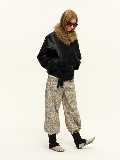 RUN TO THE FUTURE Vintage Leopard Cotton Minimal Asymmetrical Mid Rise Unisex Wide-Leg Pants