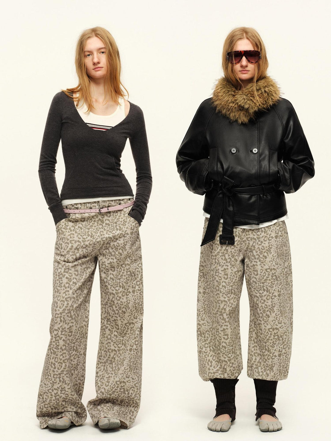 RUN TO THE FUTURE Vintage Leopard Cotton Minimal Asymmetrical Mid Rise Unisex Wide-Leg Pants