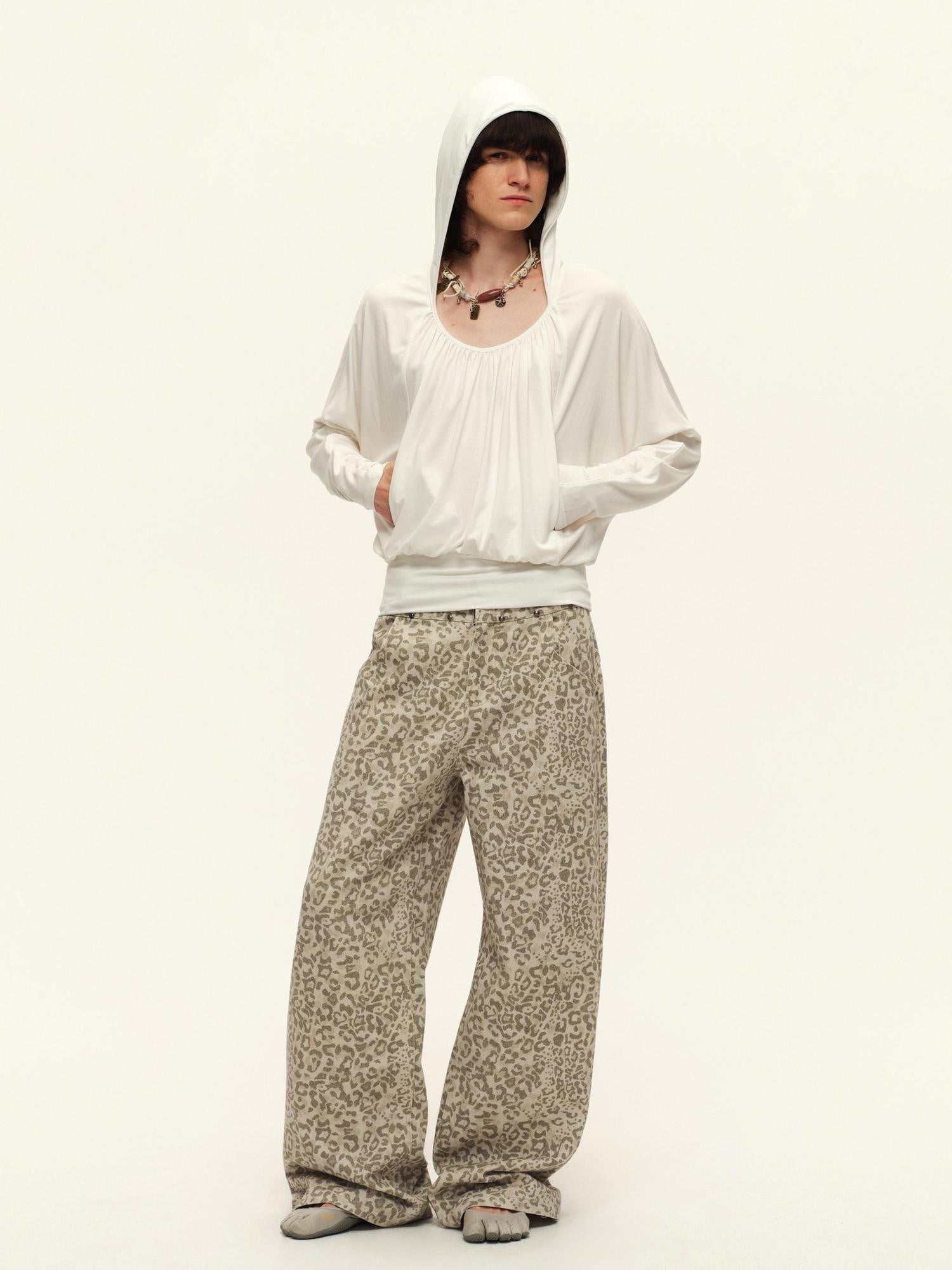 RUN TO THE FUTURE Vintage Leopard Cotton Minimal Asymmetrical Mid Rise Unisex Wide-Leg Pants