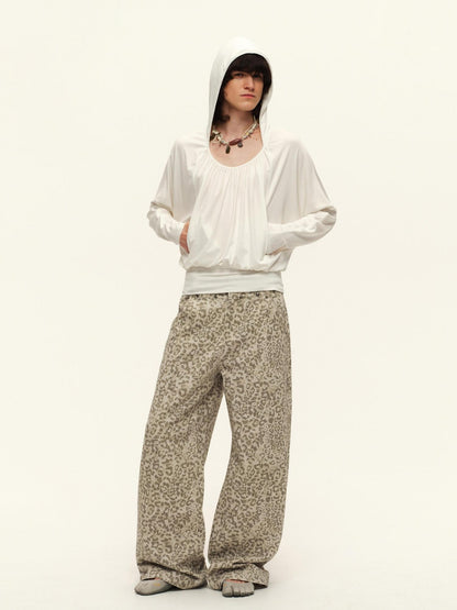RUN TO THE FUTURE Vintage Leopard Cotton Minimal Asymmetrical Mid Rise Unisex Wide-Leg Pants