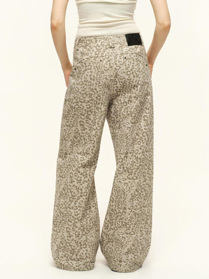 RUN TO THE FUTURE Vintage Leopard Cotton Minimal Asymmetrical Mid Rise Unisex Wide-Leg Pants