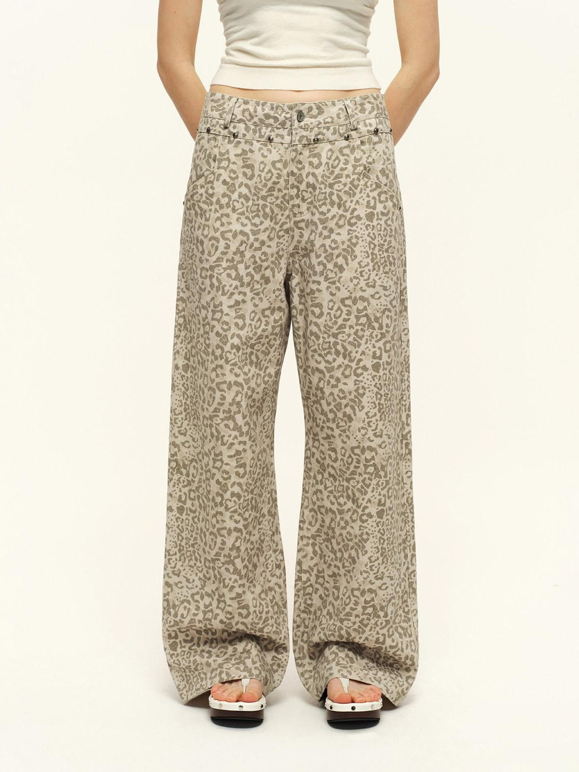 RUN TO THE FUTURE Vintage Leopard Cotton Minimal Asymmetrical Mid Rise Unisex Wide-Leg Pants