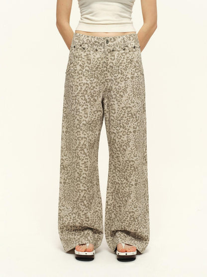 RUN TO THE FUTURE Vintage Leopard Cotton Minimal Asymmetrical Mid Rise Unisex Wide-Leg Pants