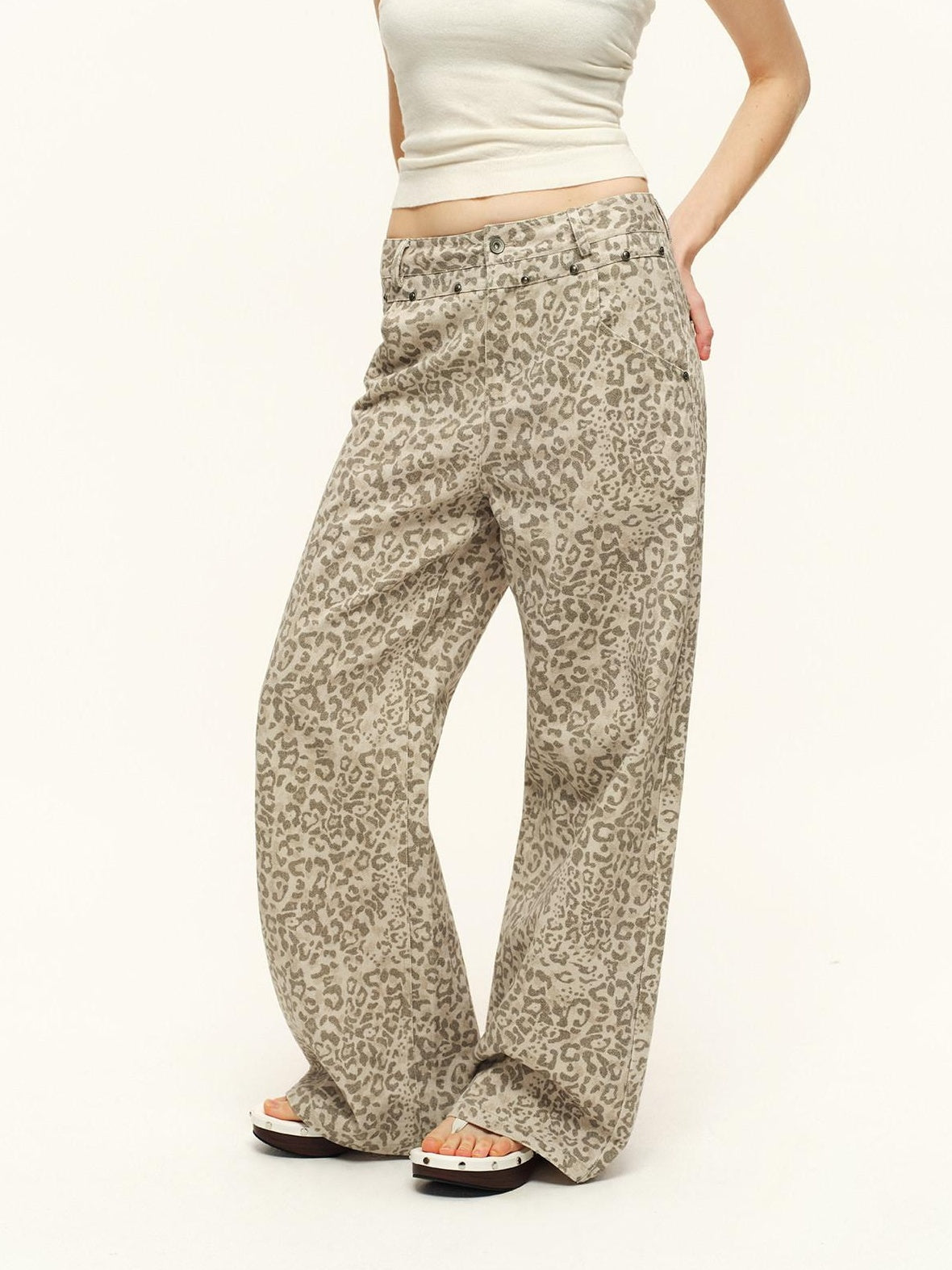 RUN TO THE FUTURE Vintage Leopard Cotton Minimal Asymmetrical Mid Rise Unisex Wide-Leg Pants