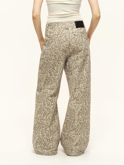 RUN TO THE FUTURE Vintage Leopard Cotton Minimal Asymmetrical Mid Rise Unisex Wide-Leg Pants