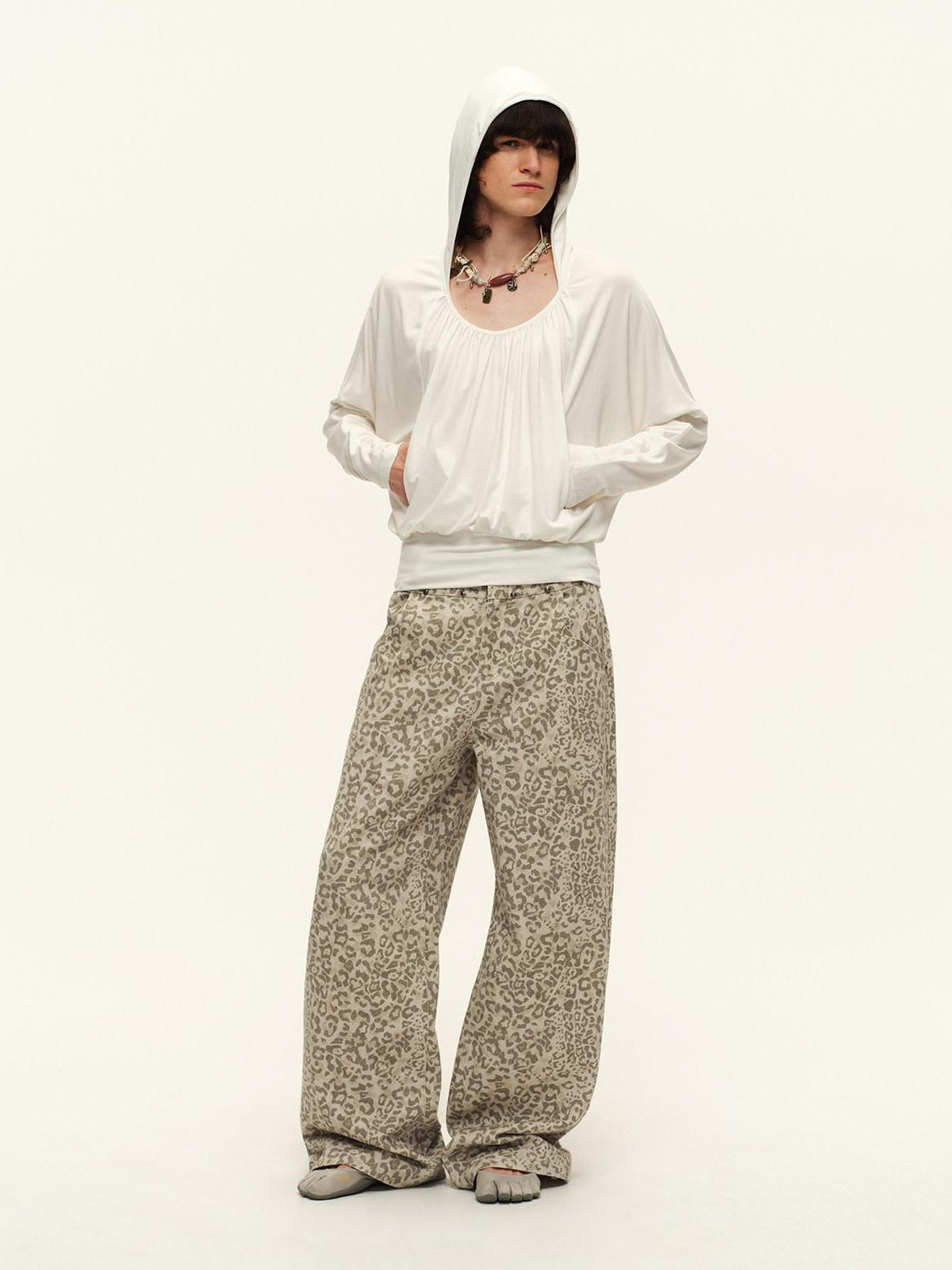RUN TO THE FUTURE Vintage Leopard Cotton Minimal Asymmetrical Mid Rise Unisex Wide-Leg Pants