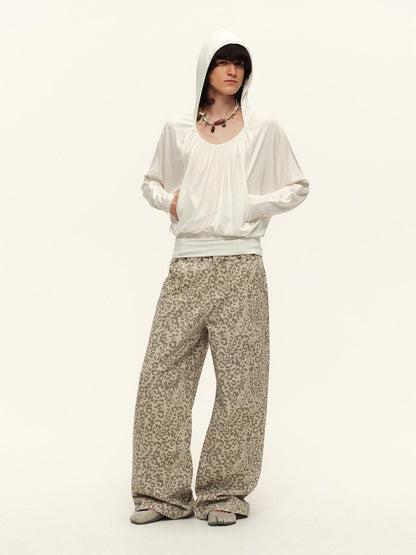 RUN TO THE FUTURE Vintage Leopard Cotton Minimal Asymmetrical Mid Rise Unisex Wide-Leg Pants