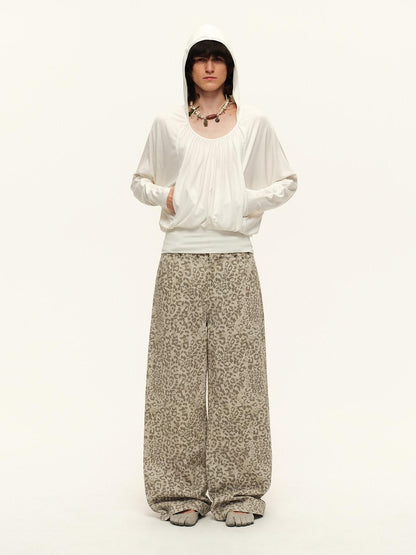 RUN TO THE FUTURE Vintage Leopard Cotton Minimal Asymmetrical Mid Rise Unisex Wide-Leg Pants