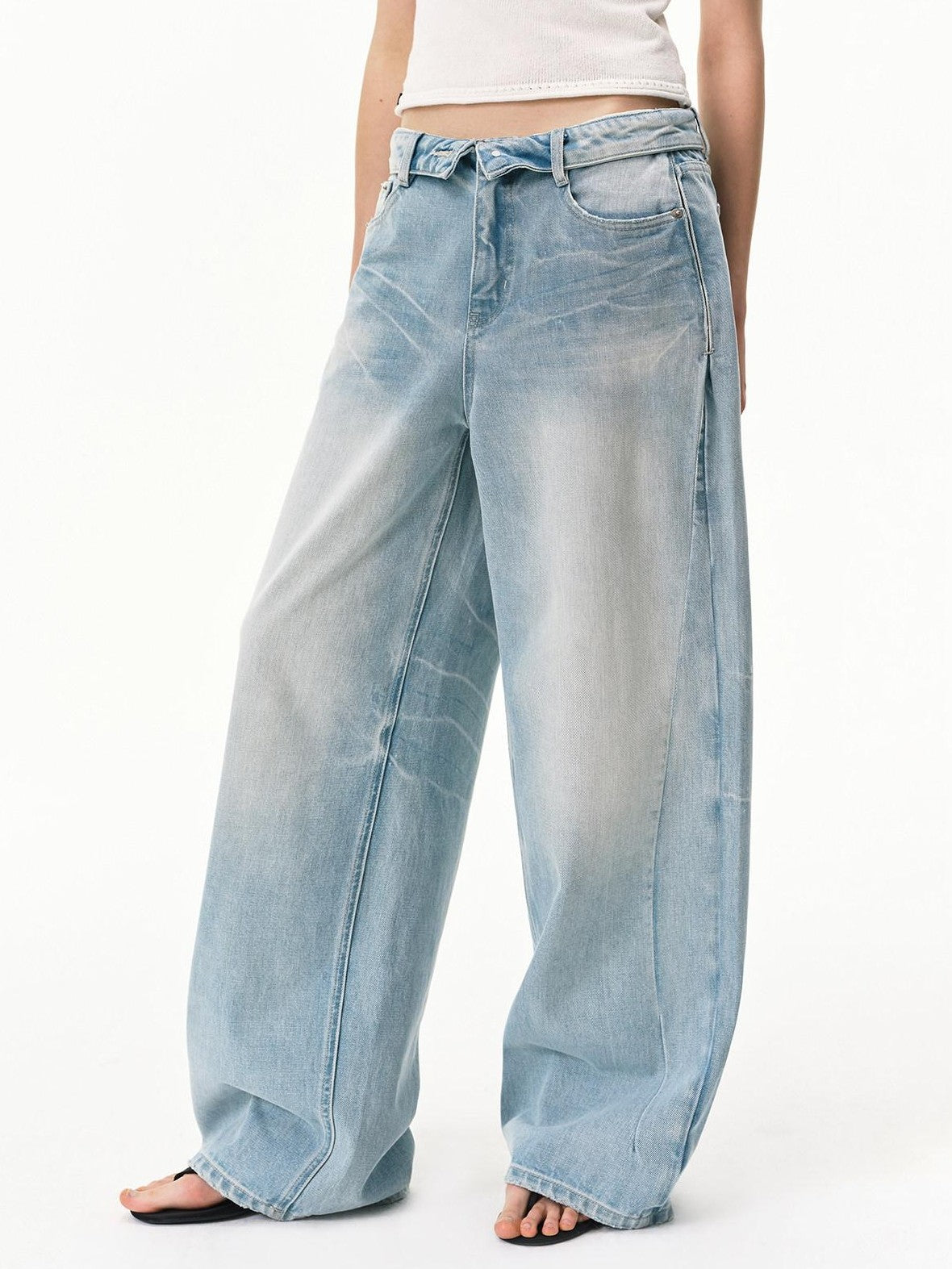 RUN TO THE FUTURE Vintage Light Blue Foldover Waist Curved Leg Women&