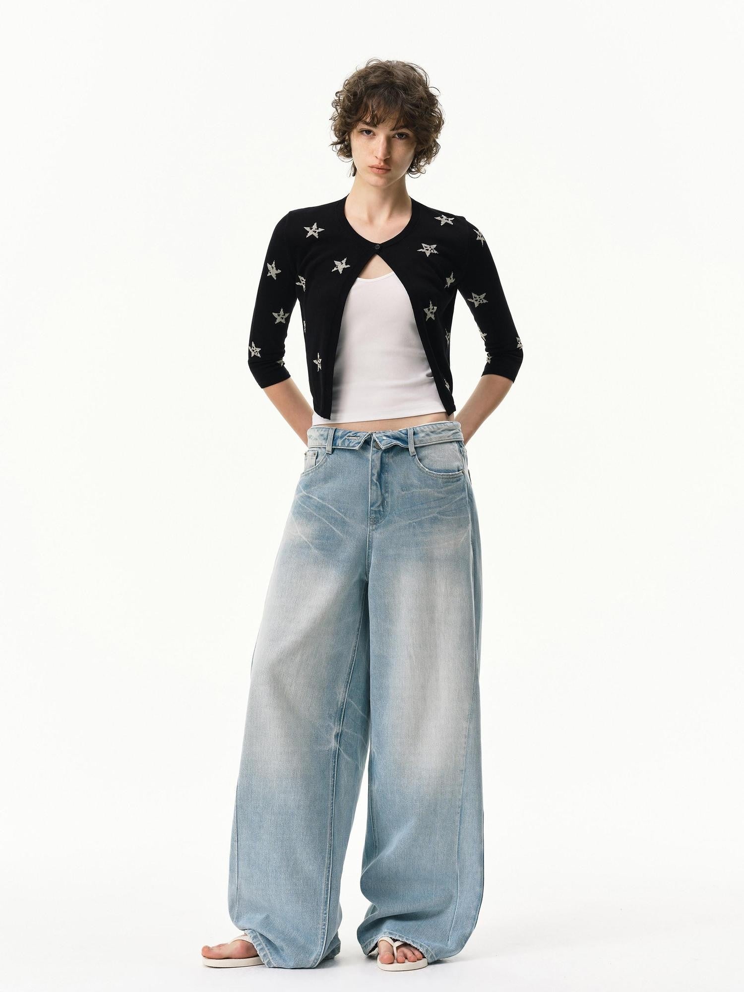 RUN TO THE FUTURE Vintage Light Blue Foldover Waist Curved Leg Women&