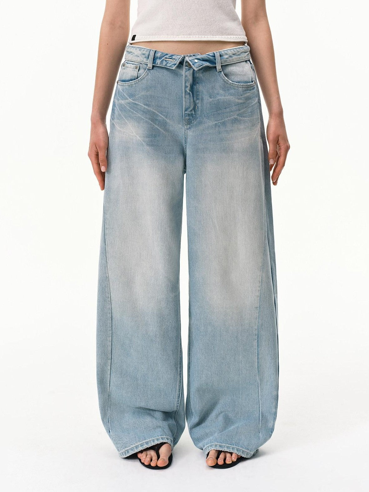 RUN TO THE FUTURE Vintage Light Blue Foldover Waist Curved Leg Women&