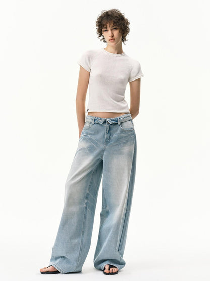 RUN TO THE FUTURE Vintage Light Blue Foldover Waist Curved Leg Women&