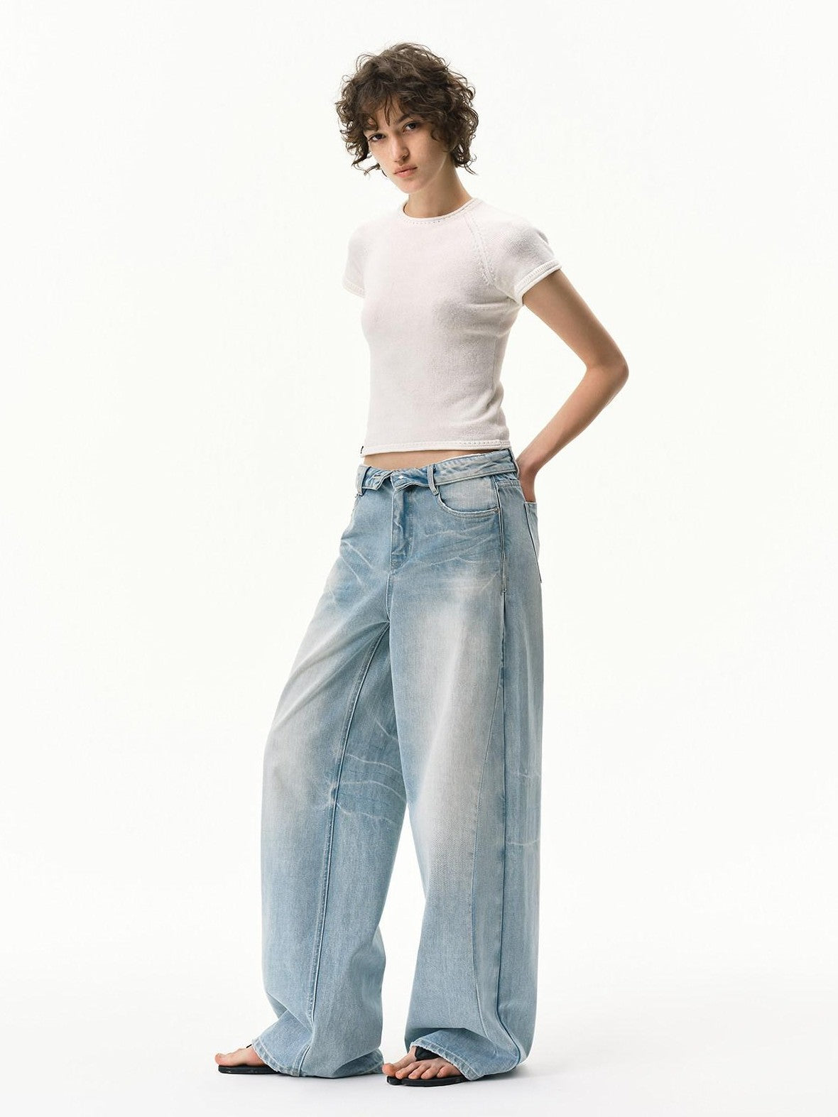RUN TO THE FUTURE Vintage Light Blue Foldover Waist Curved Leg Women&