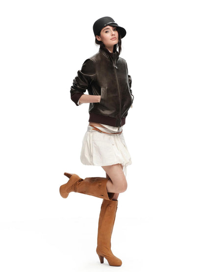 RUN TO THE FUTURE Vintage Matte Pu Cropped Moto Women&