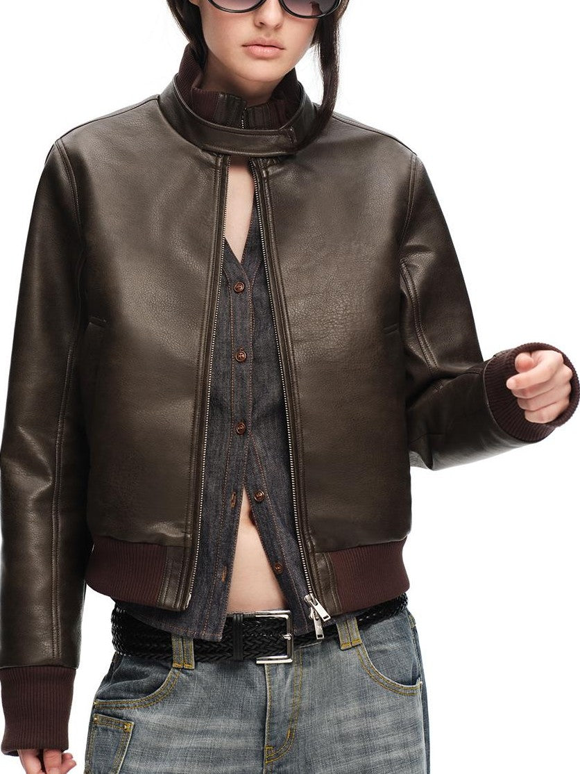 RUN TO THE FUTURE Vintage Matte Pu Cropped Moto Women&