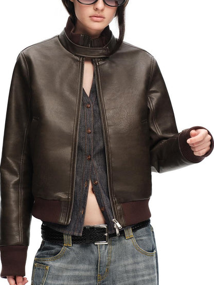 RUN TO THE FUTURE Vintage Matte Pu Cropped Moto Women&
