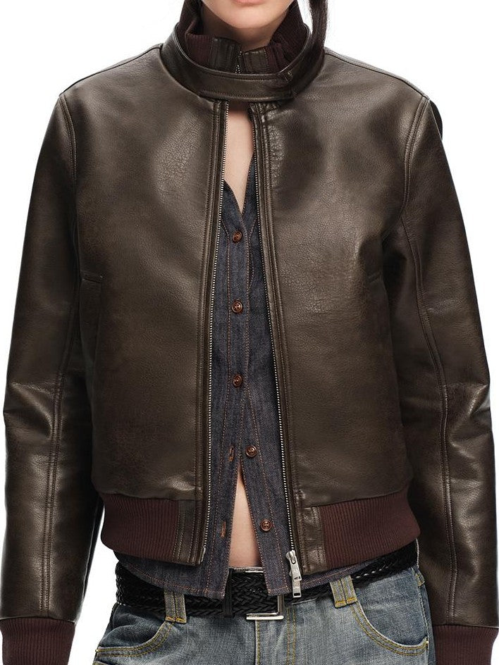 RUN TO THE FUTURE Vintage Matte Pu Cropped Moto Women&