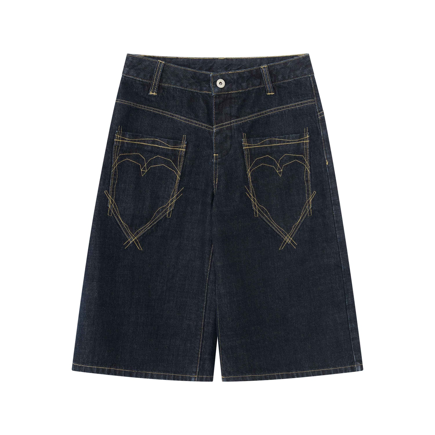 RUN TO THE FUTURE Vintage Patchwork Embroidered Heart Wide Leg Natural Waist Unisex Denim Shorts