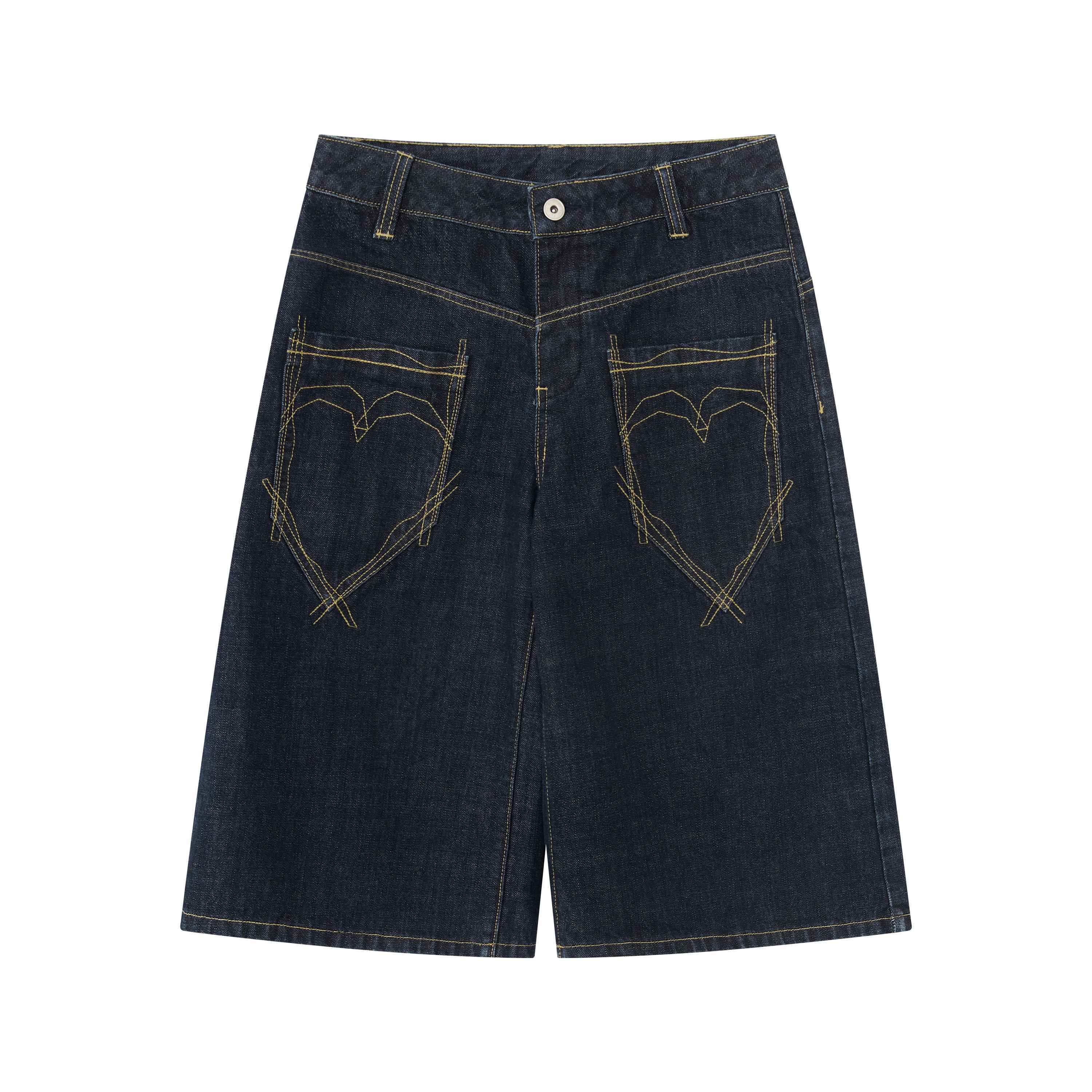 RUN TO THE FUTURE Vintage Patchwork Embroidered Heart Wide Leg Natural Waist Unisex Denim Shorts