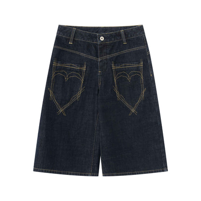 RUN TO THE FUTURE Vintage Patchwork Embroidered Heart Wide Leg Natural Waist Unisex Denim Shorts