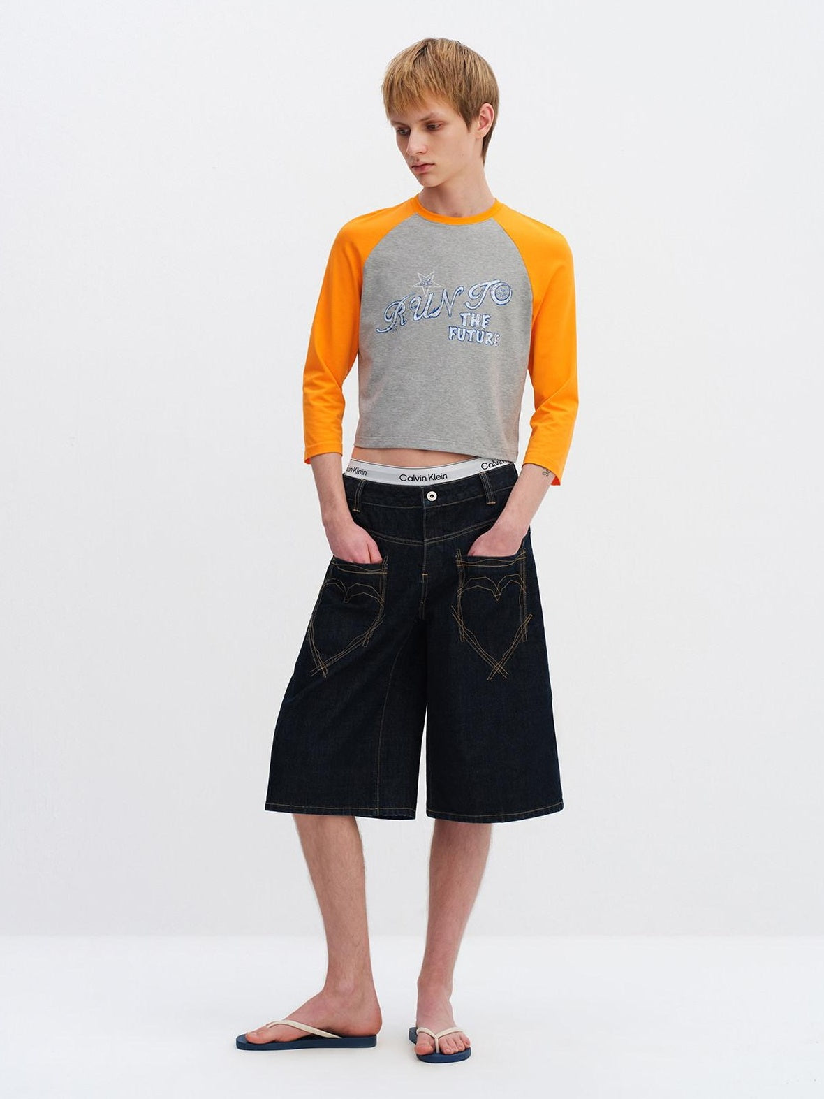 RUN TO THE FUTURE Vintage Patchwork Embroidered Heart Wide Leg Natural Waist Unisex Denim Shorts