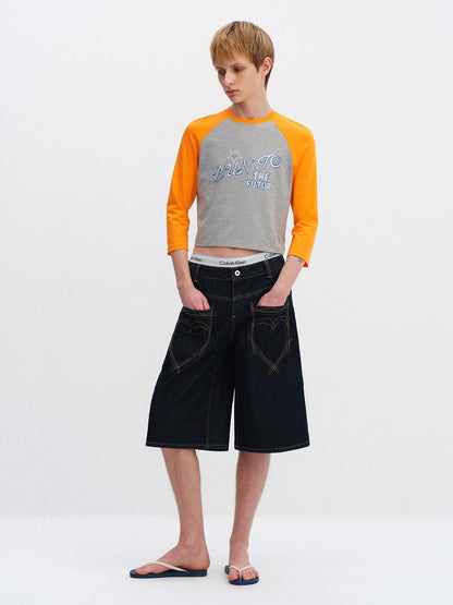 RUN TO THE FUTURE Vintage Patchwork Embroidered Heart Wide Leg Natural Waist Unisex Denim Shorts