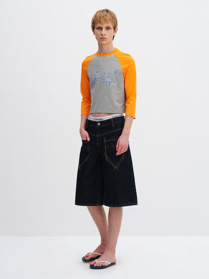 RUN TO THE FUTURE Vintage Patchwork Embroidered Heart Wide Leg Natural Waist Unisex Denim Shorts