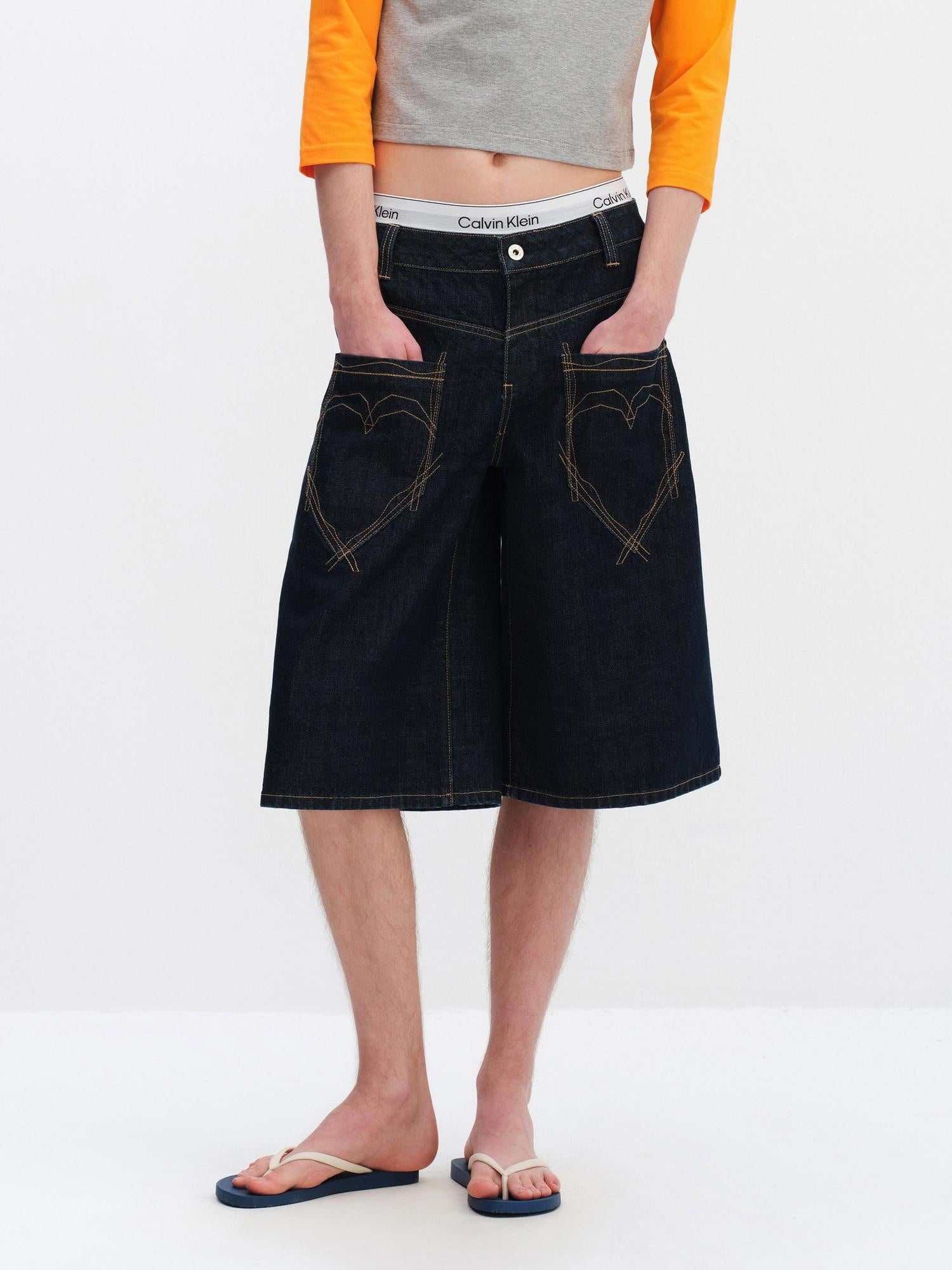 RUN TO THE FUTURE Vintage Patchwork Embroidered Heart Wide Leg Natural Waist Unisex Denim Shorts