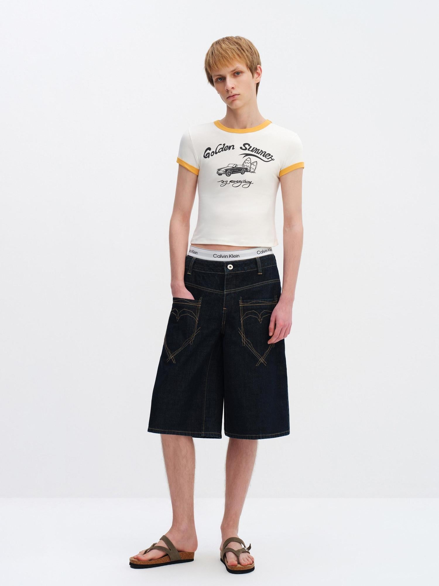 RUN TO THE FUTURE Vintage Patchwork Embroidered Heart Wide Leg Natural Waist Unisex Denim Shorts