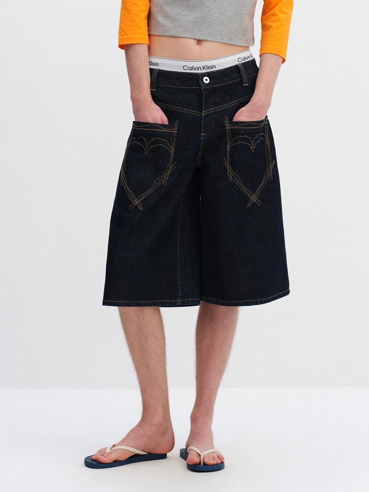 RUN TO THE FUTURE Vintage Patchwork Embroidered Heart Wide Leg Natural Waist Unisex Denim Shorts