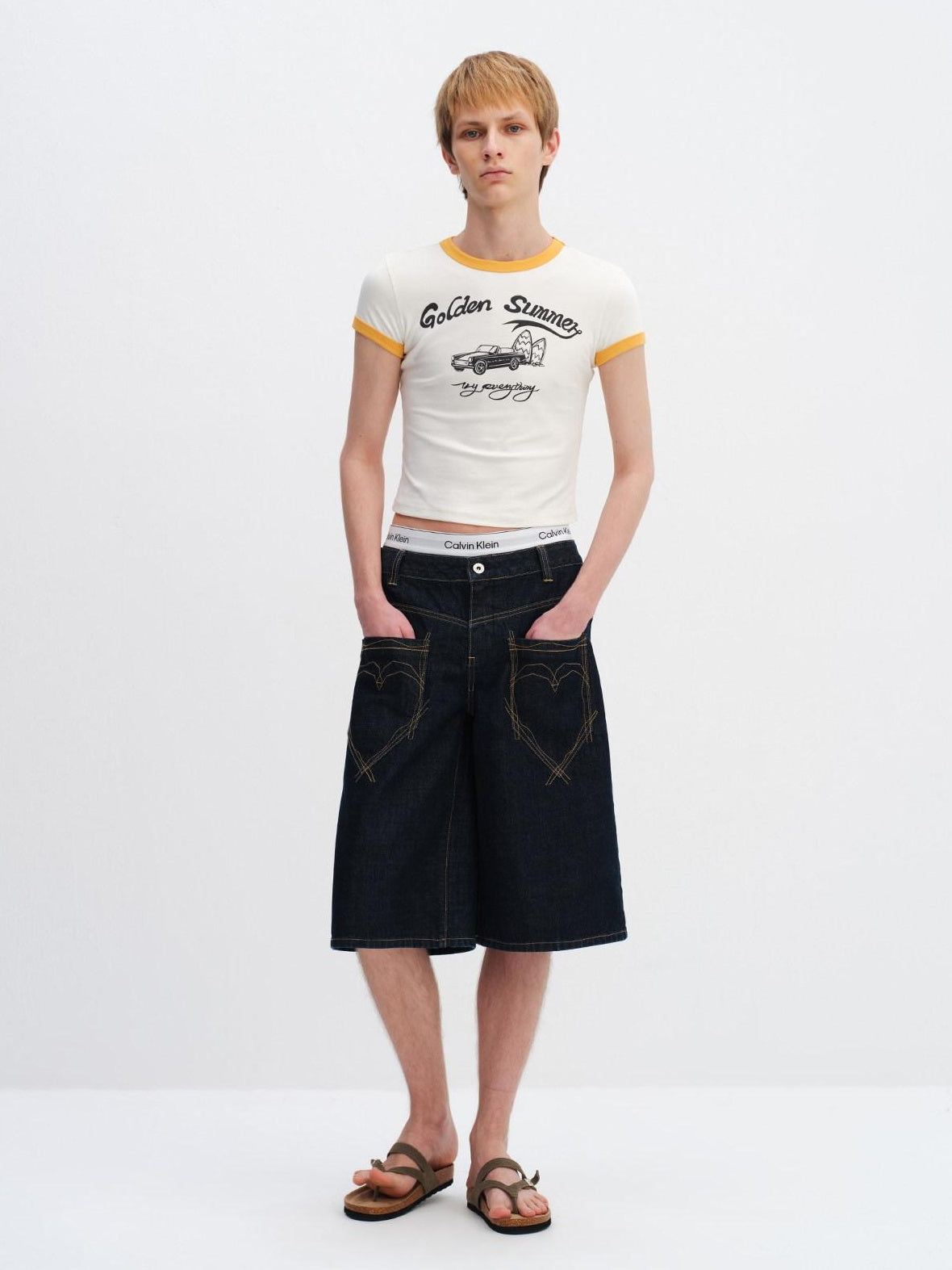 RUN TO THE FUTURE Vintage Patchwork Embroidered Heart Wide Leg Natural Waist Unisex Denim Shorts