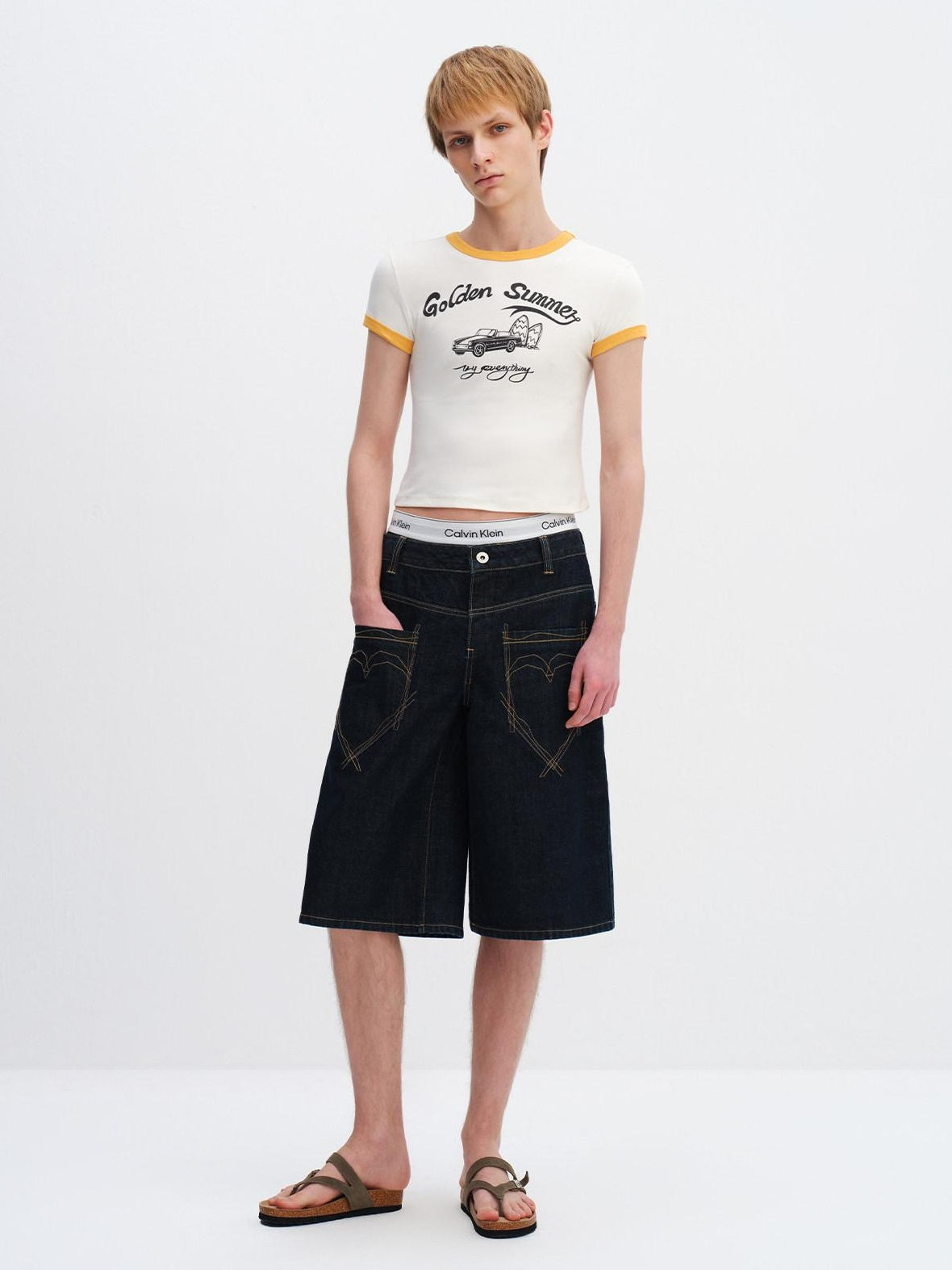 RUN TO THE FUTURE Vintage Patchwork Embroidered Heart Wide Leg Natural Waist Unisex Denim Shorts