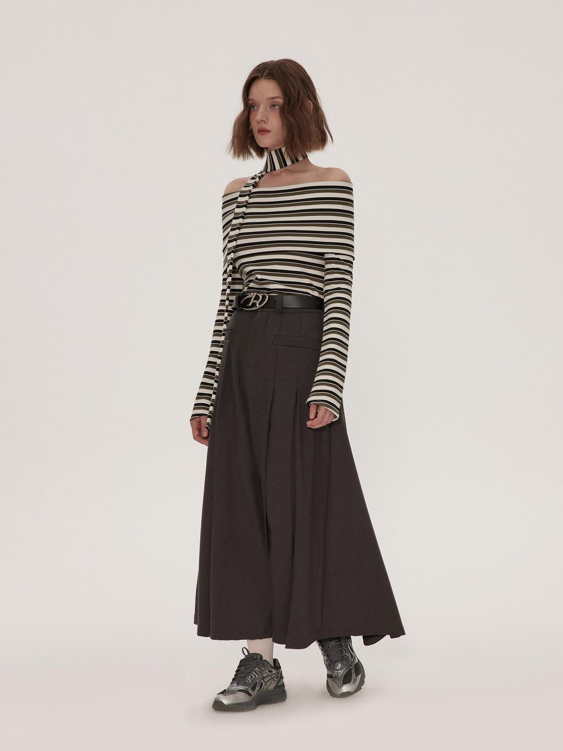 RUN TO THE FUTURE Vintage Pleated A Line Mid Waist Commuter Women Casual Polyester Maxi Skirts